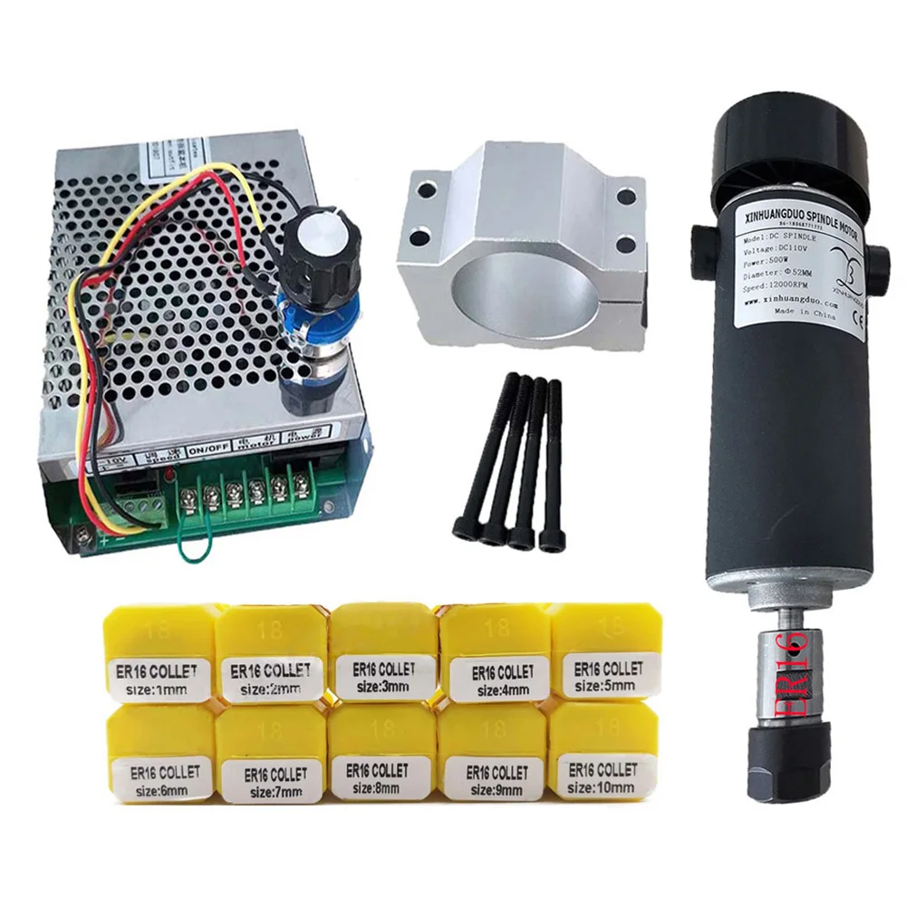 

Air cooled DC 110V 0.5kw CNC spindleMotor Kit ER16 chuck 500W Spindle Motor + Power Supply speed governor For Engraving