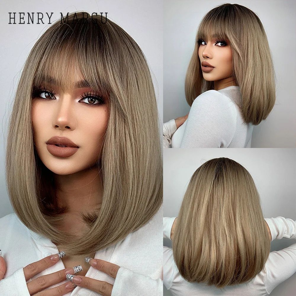 

HENRY MARGU Medium Straight Synthetic Wigs Brown to Blonde Ombre Bob Wigs with Bangs Daily Party Heat Resistant Wig for Women