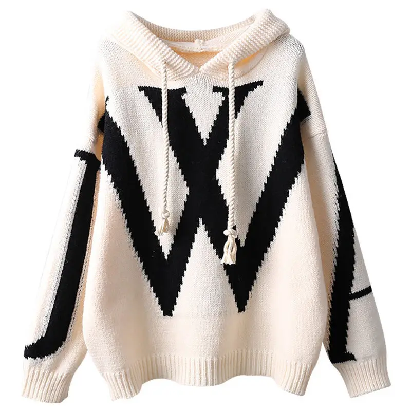 

Women's Clothes Spring and Autumn Alphabet Hooded Pullover Sweater Korean Loose Lazy Style Knitwear Tops Coat