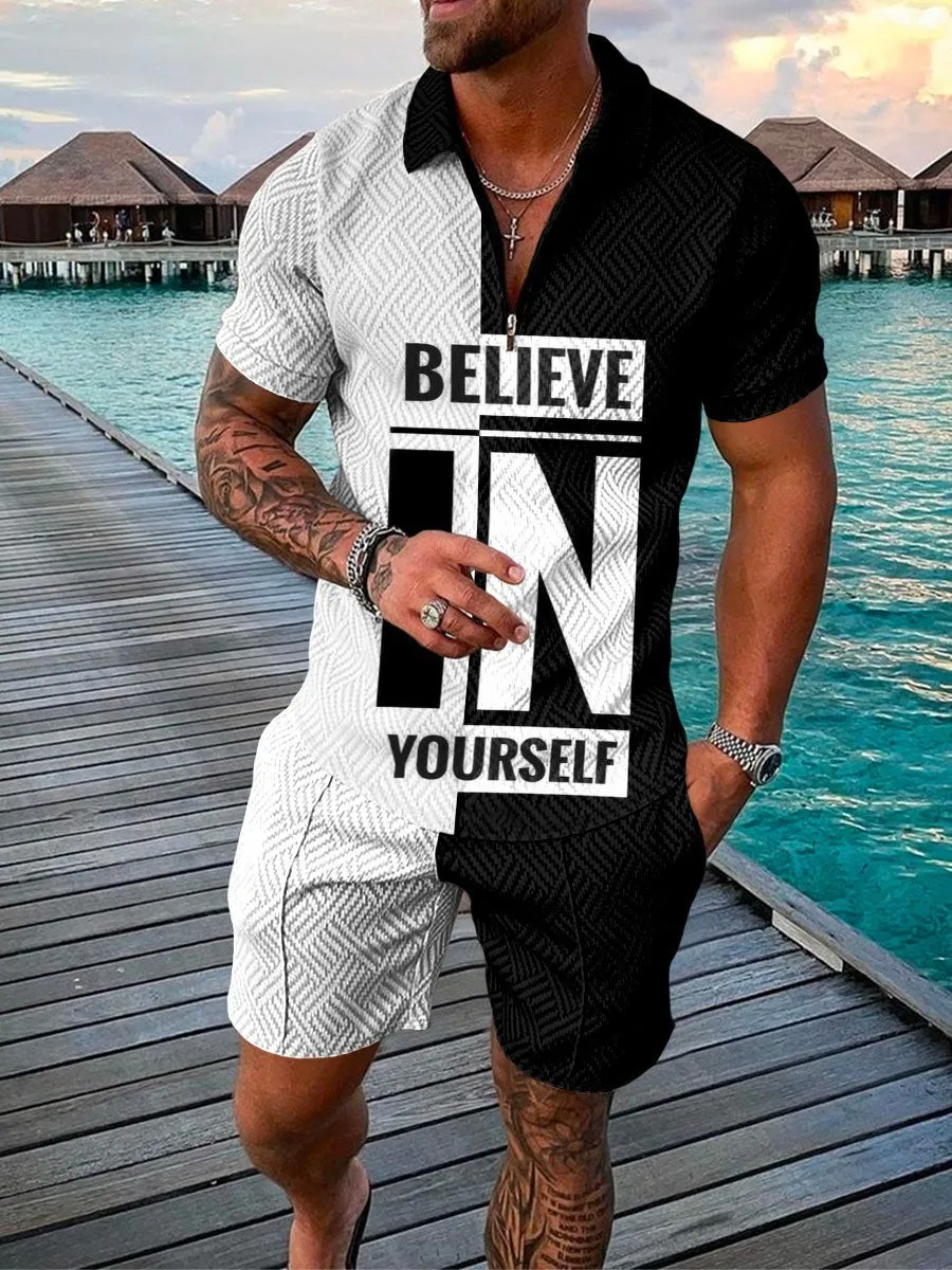 2023 Summer Men's New Casual Zipper Polo Suit Streetwear Fashion Trend 3D Printing Short Sleeve T-Shirt Shorts Two Piece Set