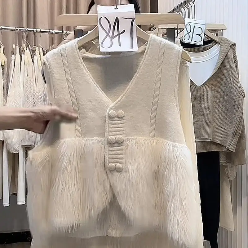 Sleeveless V-neck All-match Patchwork Cardigan Coat Women New Clothes Spring Autumn Fashion Slim Knitting Vests Korean Trend Top