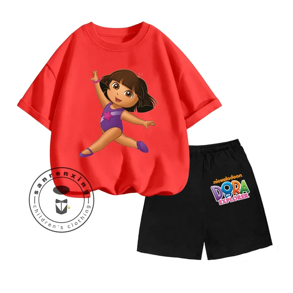 2024 Dora The Explorer Animated Cartoon Print Design O-neck Short Sleeve and Shorts Two-piece Suit for Children 3-14 Years Old 6