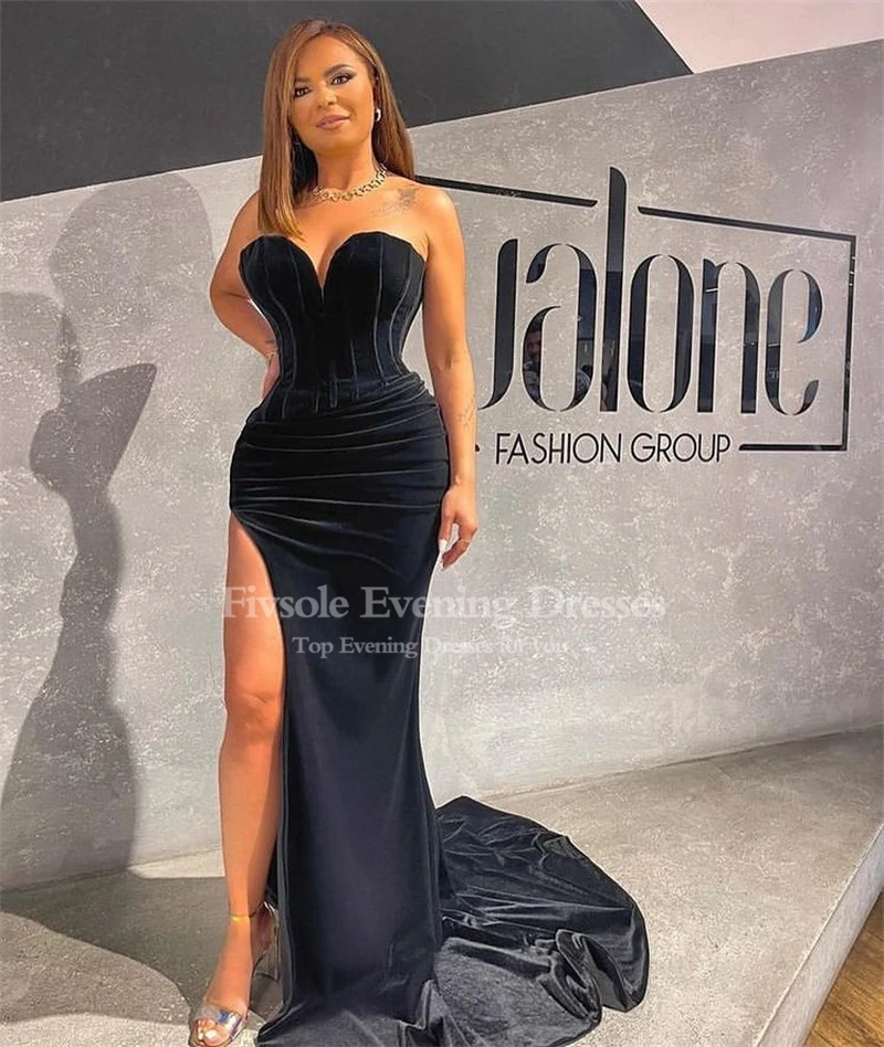 Fivsole Black Pleated Sweep Train Evening Dress 2022 Women Sleeveless Sweetheart Side Split Prom Party Gowns Vestido De Baile evening gowns with sleeves