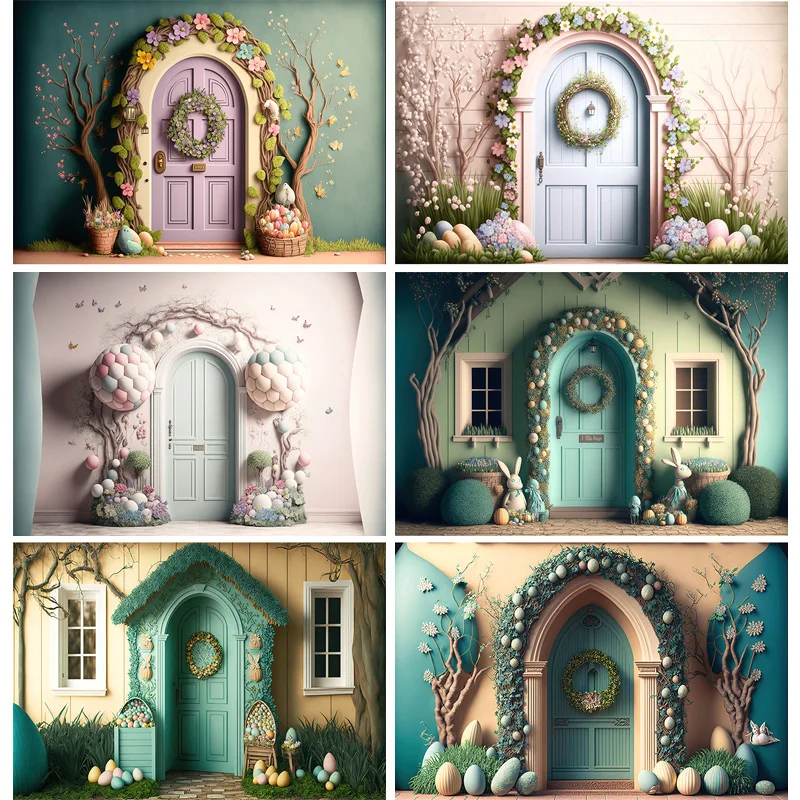 

SHUOZHIKE Easter Scene For Photo Studio Background Celebrations Spring Eggs Rabbits Doors Photography Backdrops Props FR-05