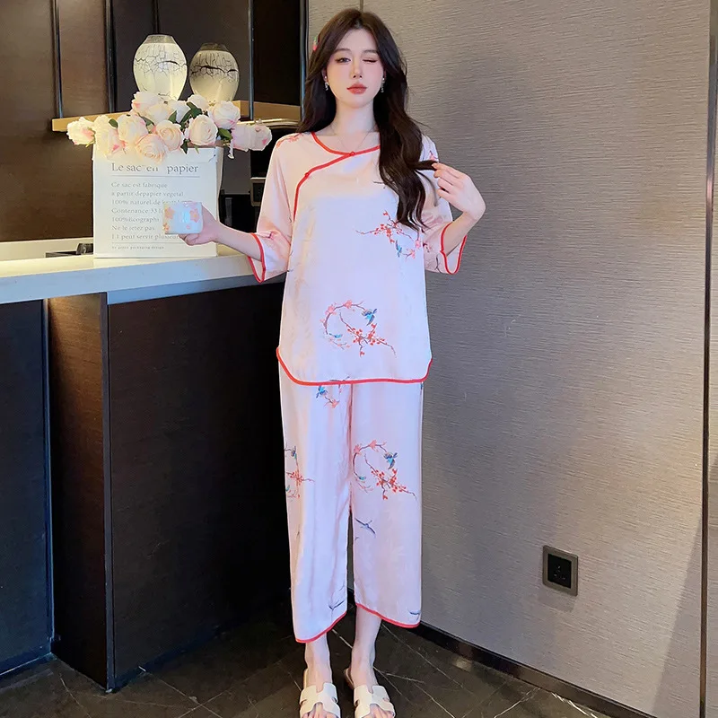 Ice Silk Sleepwear Women Summer Print Floral Pajamas Sets Vintage Nightwear Spring Autumn Homewear Sets Pijama Mujer Korean