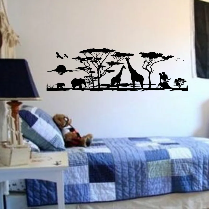 Large Africa Savannah Animals Tree Wall Sticker Living Room Bedroom Giraffe Bird Elephant Safari Jungle Wall Decal Kids Room