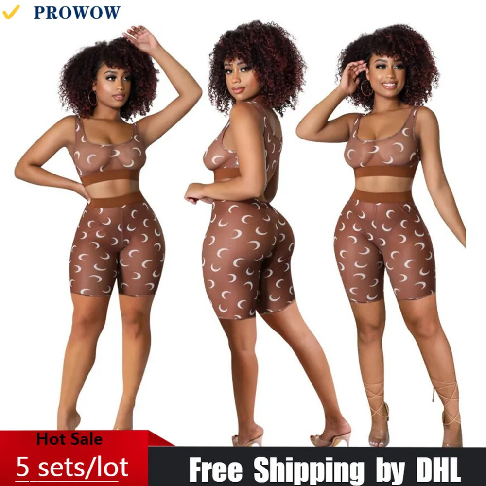 

Sexy Mesh 2 Piece Set Women Wholesale Coffee Color Matching Suit See Through Crop Top Shorts Tracksuit Lady Clubwear Outfit 7929