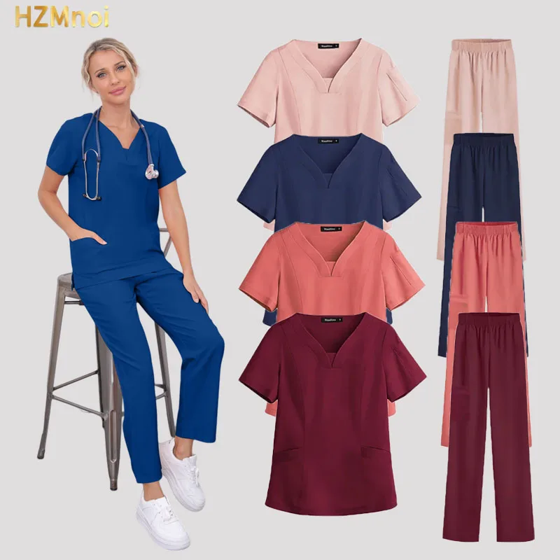 

Top + Pant Spa Doctor Nursing Tunic Suit Surgical Uniforms Woman Scrub Set Medical Nurse Beauty Salon Workwear Clinical Scrubs