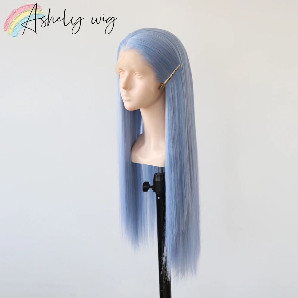 Light Blue Wig for Cosplay 13x4 Lace Front Wigs 26inch Long Straight Hair Wig High Temperature Fiber Synthetic Lace Wigs Pelucas