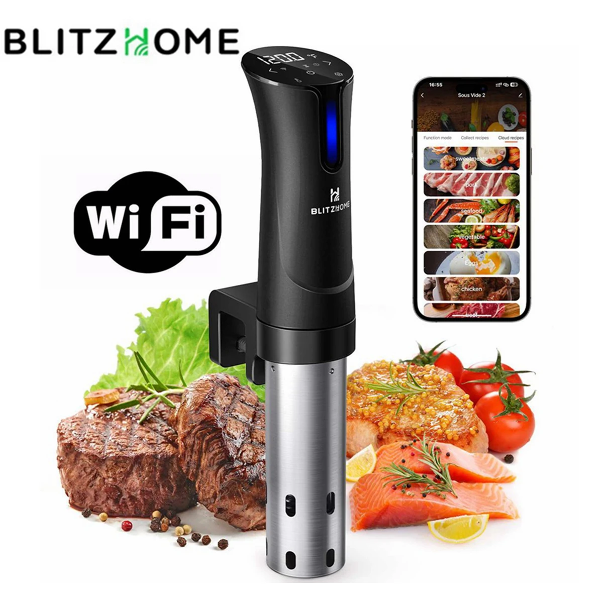 Blitzhome Elettrodomestico Sous Vide Cooker 1100W Wifi Smart Kitchen Sous Vide Machine Circolatore Ad Immersione Durevole Fornello Preciso