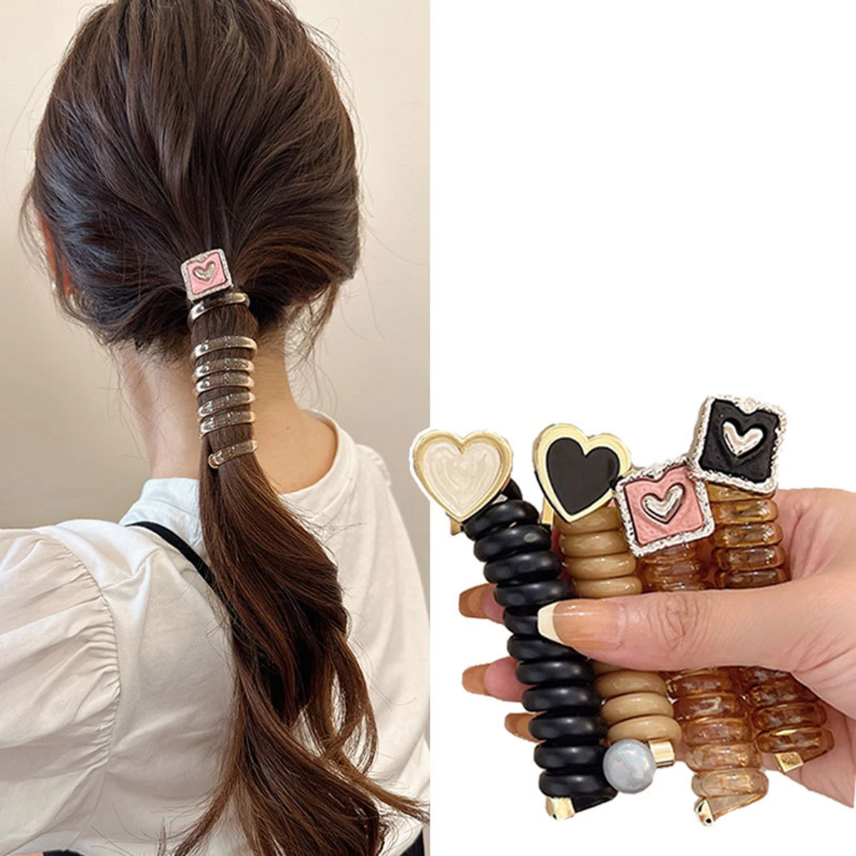 

1Pcs Janpanese Style Telephone Wire Elastic Hair Bands Cute Heart Rubber Bands Spiral Hair Ties Accessories For Women Girls Kids