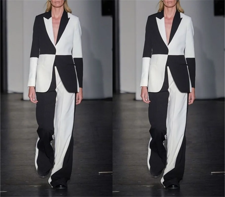 

Stitching Color Women Suits Set Tuxedo 2 Pieces (Blazer+Pants) Fashion Designer White And Black Party Prom Dress Custom Made