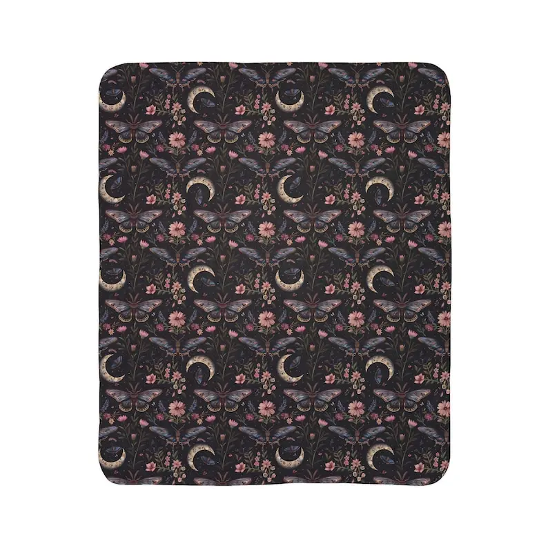 Aesthetic Botanical Whimsicore Forestcore Fleece Sherpa Blanket, Soft Throw for Halloween, Moon Phases Lunar Moth Witchy 2