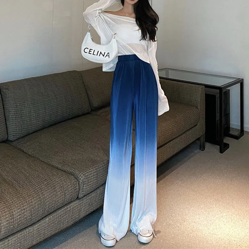 2023 Summer New Pleated Gradient High Waist Pant Women Change Straight Cylinder Fashion Casual Wide Leg Trousers  Female Clothes