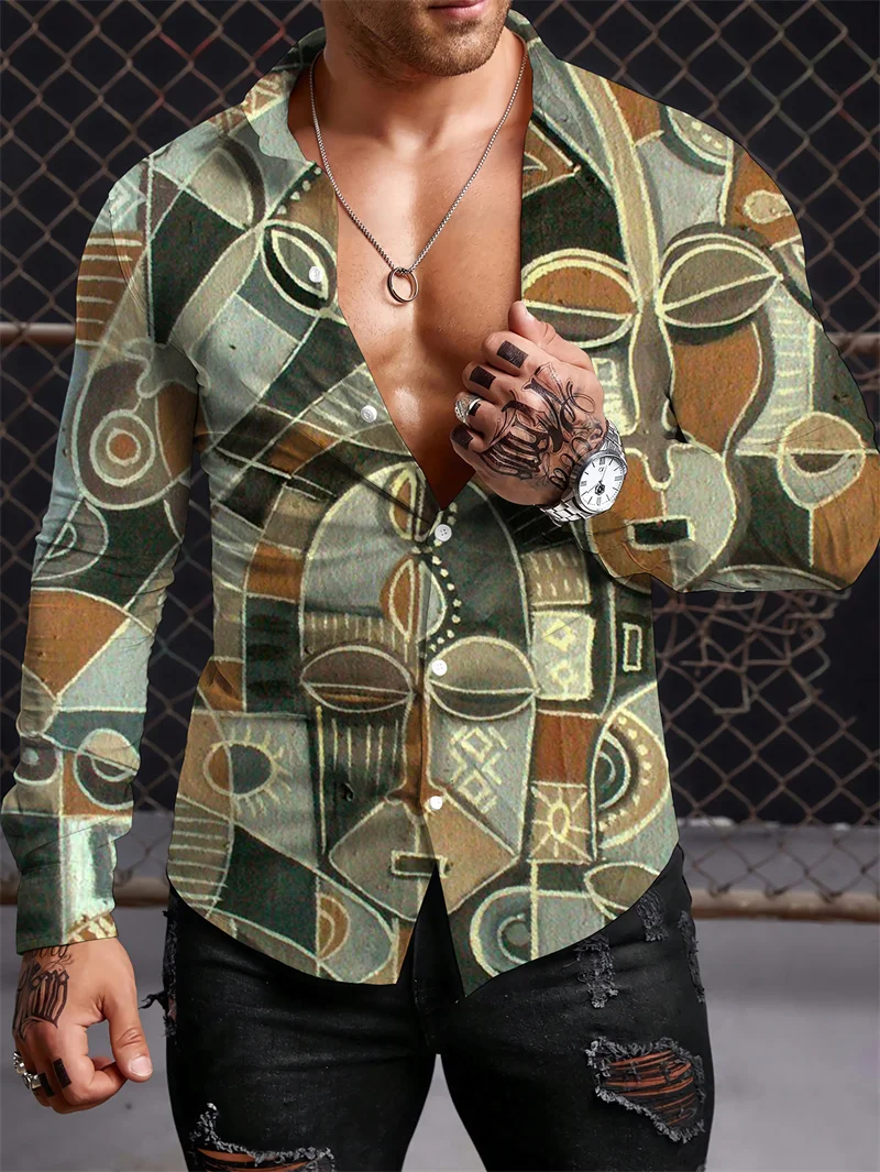 

2023 Men's Long Sleeve Shirt Fashion Casual Polo Collar Retro Geometric Pattern Luxury Shirt Large S-5XL