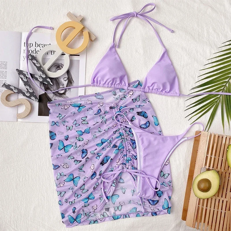 Sexy Bikini Set Butterfly Print Swimwear Women String Sleeveless Solid Colors Halter Bathing Suit 3-piece High Waist Swimsuit