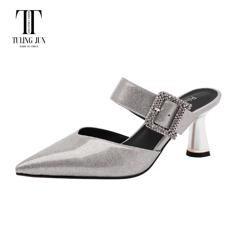

TULING JUN 2023 Concise Summer Lady Pointed Head Solid Color Metal Decoration Slippers Thin High Heel Sandals For Women HXE-2138