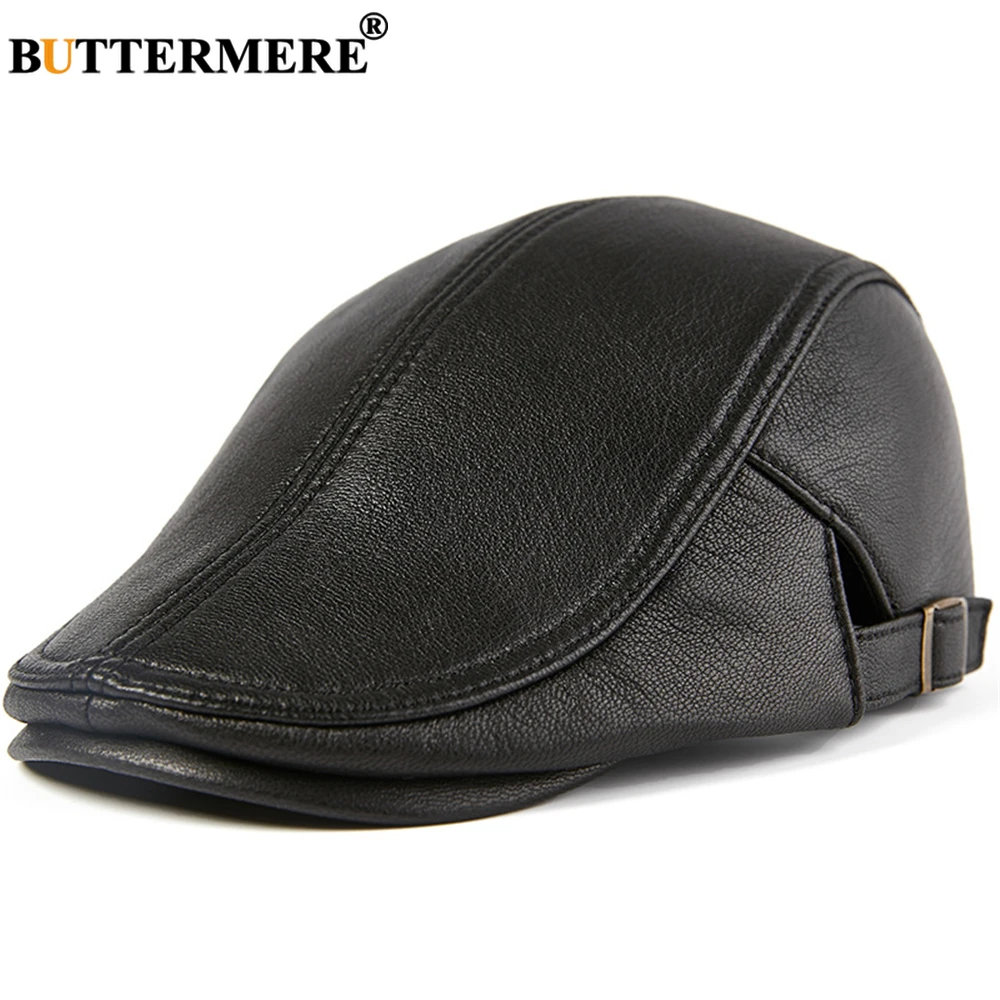 BUTTERMERE Men Beret Hat Real Leather Flat Cap Sheepskin Autumn Winter Male Brown Adjustable High Quality  Mens Beret Caps 2