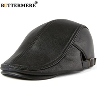BUTTERMERE Men Beret Hat Real Leather Flat Cap Sheepskin Autumn Winter Male Brown Adjustable High Quality  Mens Beret Caps 2