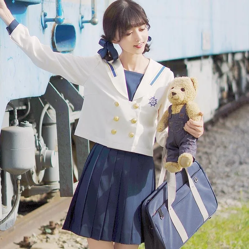 Japanese JK Style White Collar Red Three-Stripe Sailor Uniform Pleated Skirt Set-College Outfit for Daily Wear, Cosplay