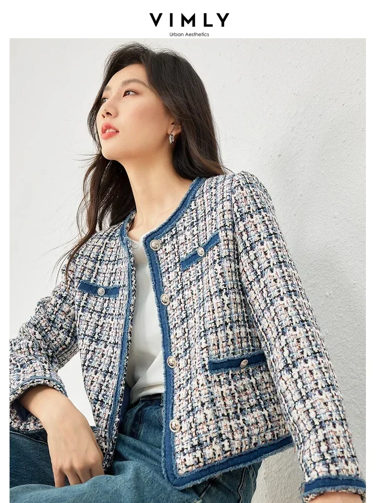 Vimly Plaid Tweed Cropped Jacket for Women 2024 Spring Patch Denim Design Elegant Fashion Lady Short Coat Female Outerwear M3288 vimly wool blend plaid blazer jacket women tailored coats for women 2023 fashion elegant vintage double breasted overcoat 50365