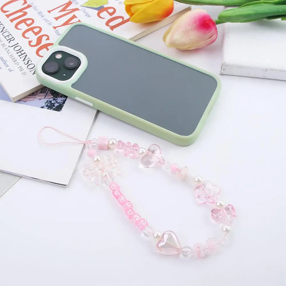 Pink Beaded Acrylic Phone Charm Wrist Strap Lanyard