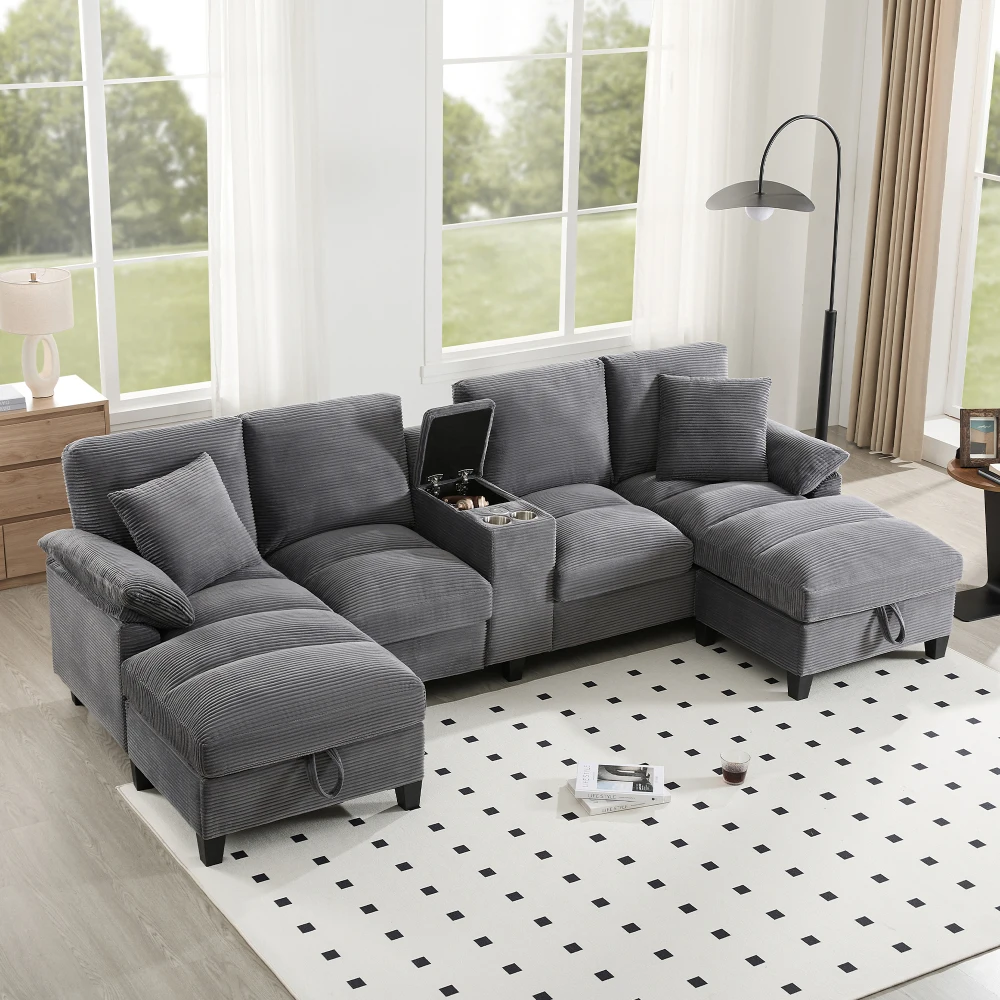 Geräumiges U-förmiges Sofa mit Stauraum, übergroßer Cordplatte und Kissen, Getränkehalter und 2 USB-Anschlüsse aus Edelstahl – Detail 26