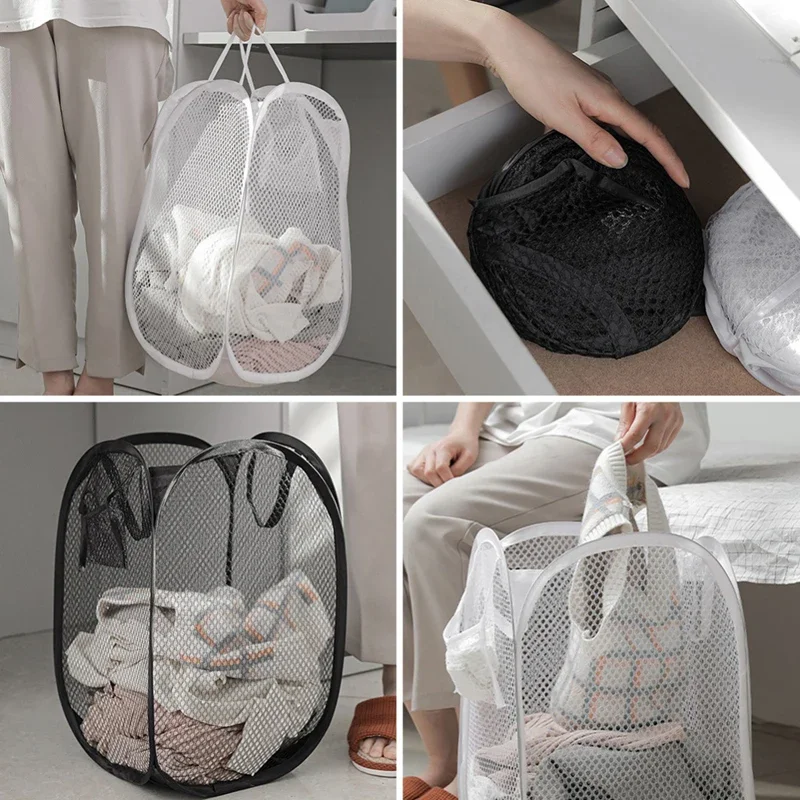 Practical Laundry Storage Basket Household Bathroom Cloth Mesh Organizers Bag Folding Dirty Clothing Bucket Washing Frame Items