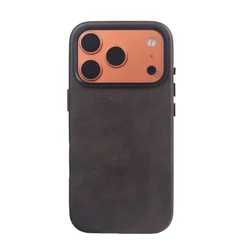 Vintage PU Leather Magnetic Phone Cover with Metal Lens and Wireless Charging Compatibility - iPhone 17 Pro (Black Brown)
