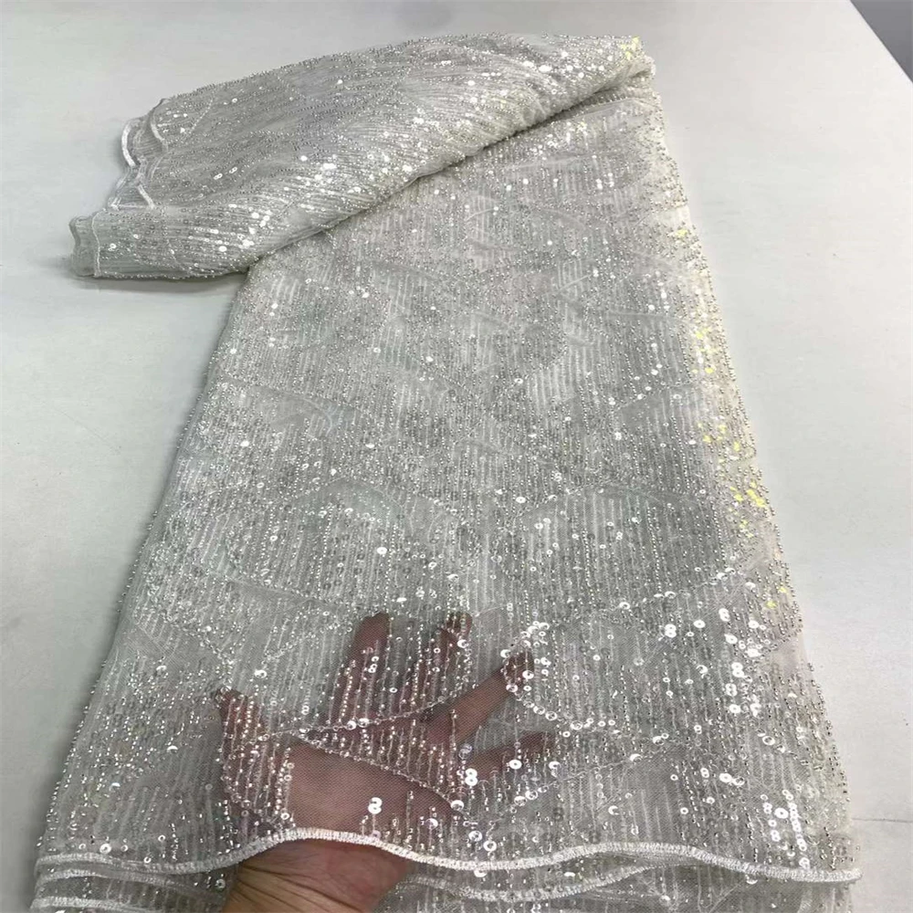 

2023 African Mesh Lace Fabric High Quality Sequins And Beads French Mesh Tulle Lace Fabric Mesh Lace Wedding Sewing Dress zx-240