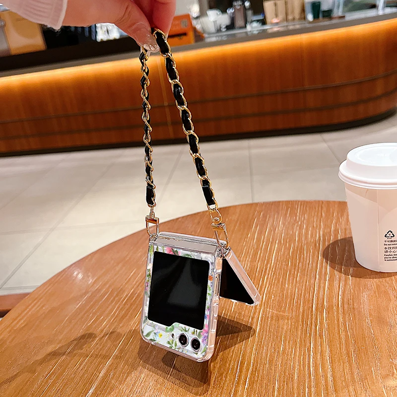 Hydrangea Print Metal Lanyard Case For Samsung Galaxy Z Flip6 Flip5 Flip4 Flip3 Flip 6 5 4 3 Shockproof Clear Soft Phone Cover_voghion.com