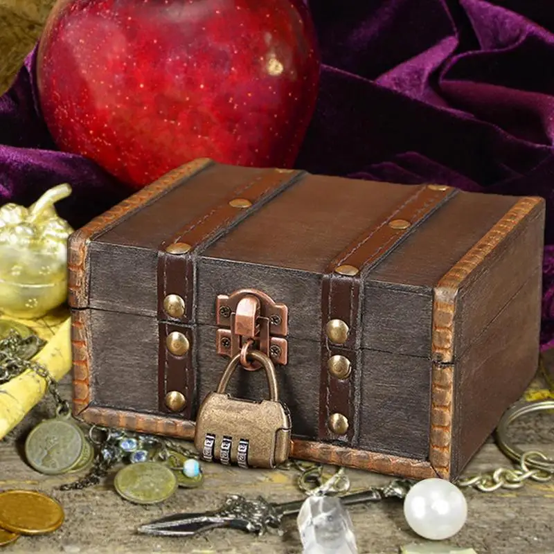 Antique Jewelry Box TreasureChest With Lock Vintage Wooden Storage Box Jewelry Organizer Gift Box Treasure Case With Lock Decor