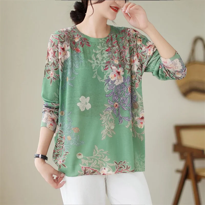 

Женский винтажный свитер с цветочным принтом, Свободный Повседневный пуловер, весна-осень