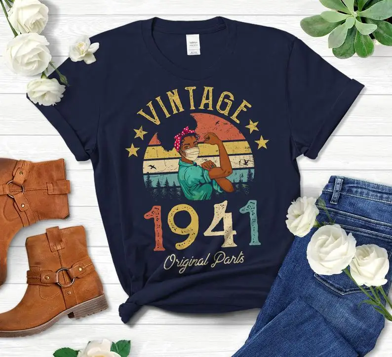 

Vintage 1941 Original Parts Tshirt African American Women with Mask 72th Birthday Gift Lady Clothes Fashion O Neck Short Sleeve