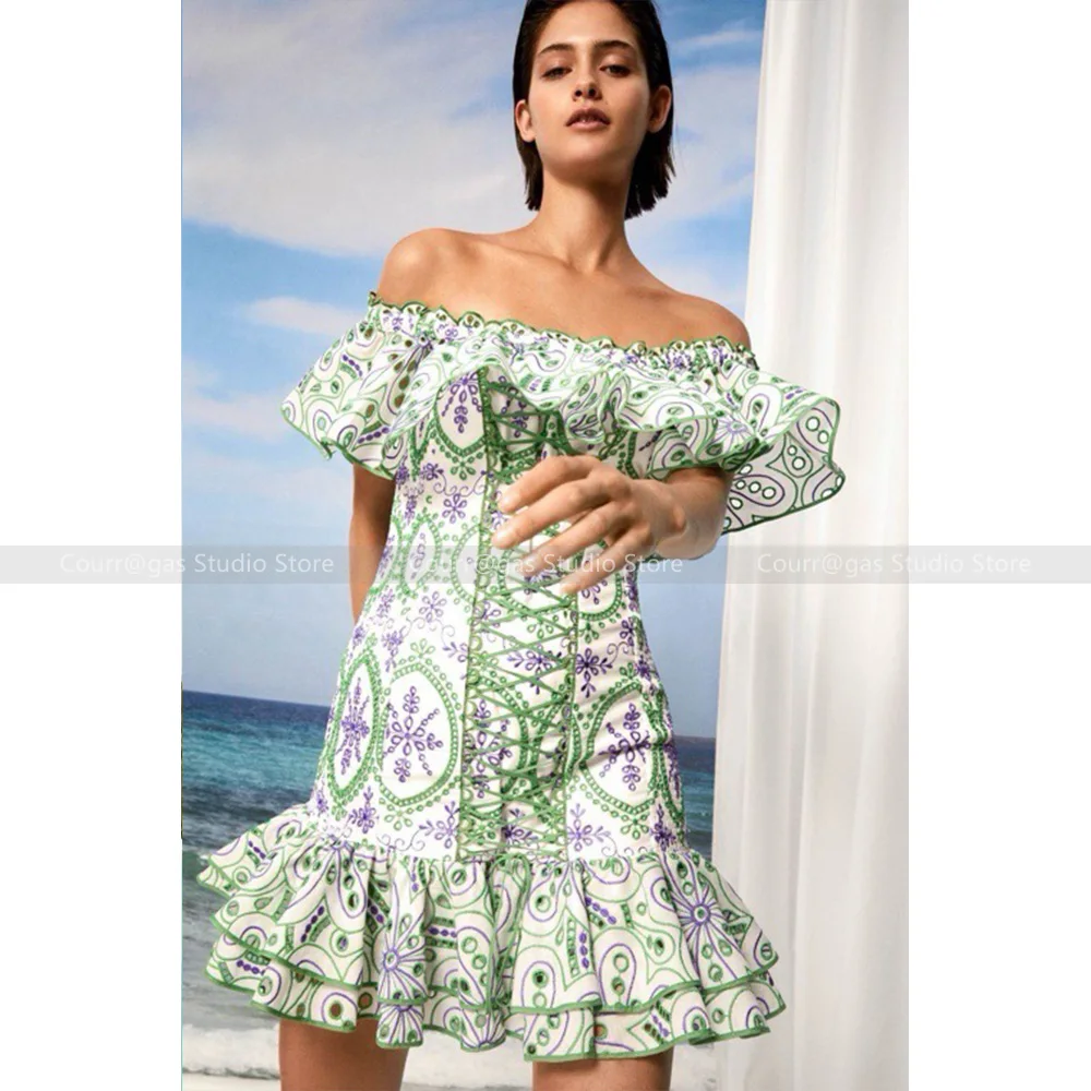 

Australia niche one-shoulder ruffled waisted strappy embroidered dress women 2024 summer new seaside holiday short dresses