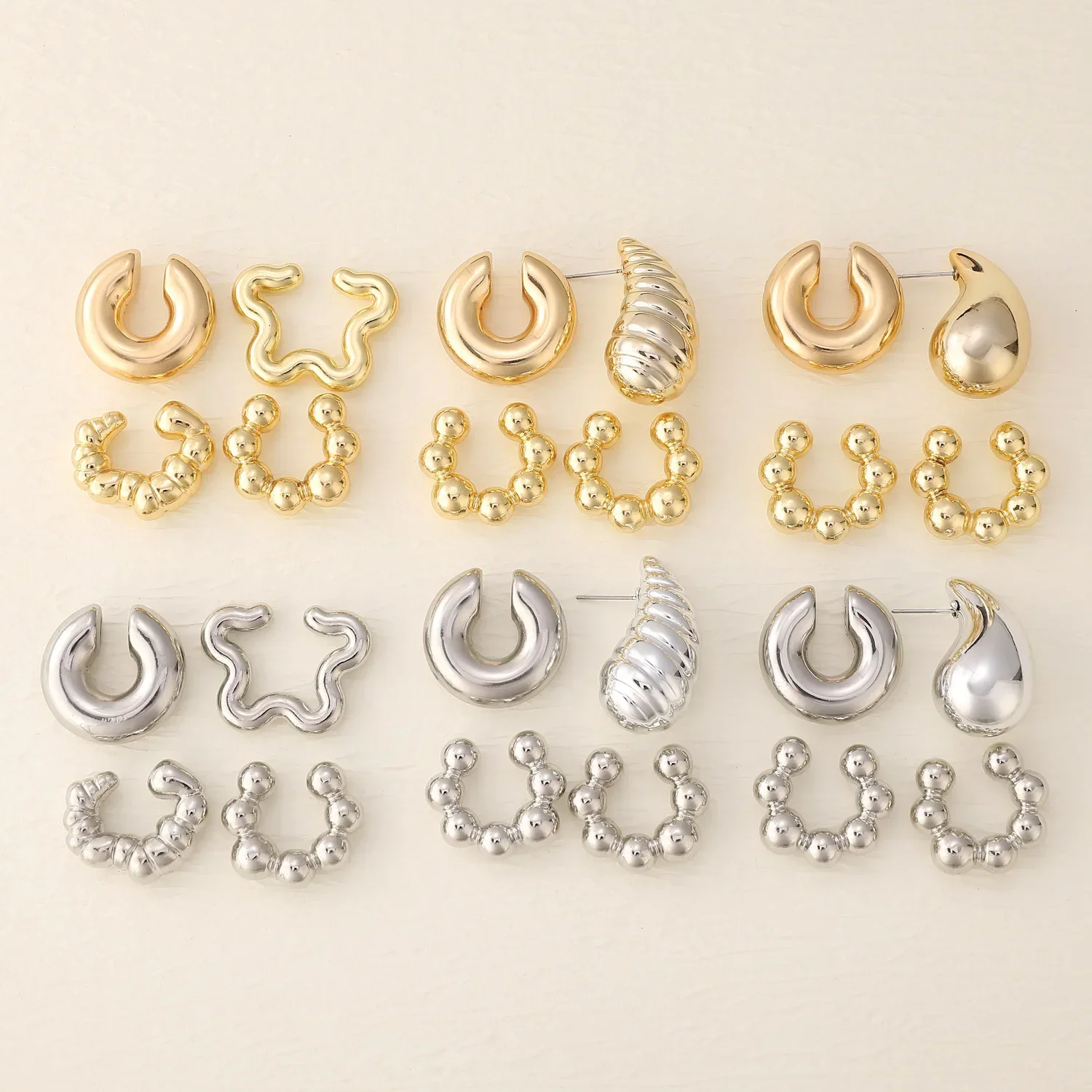 Clip Earrings 4Pc/set Vintage Geometric Women Glossy C Shape No Piercing Fake Cartilage Ear Cuff