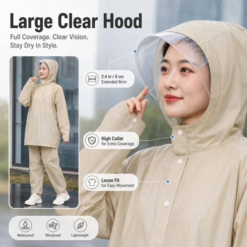 Waterproof Rain Suit for Women – Loose Fit Two-Piece Jacket & Pants, Hooded Scooter Commuting Rainwear - 3