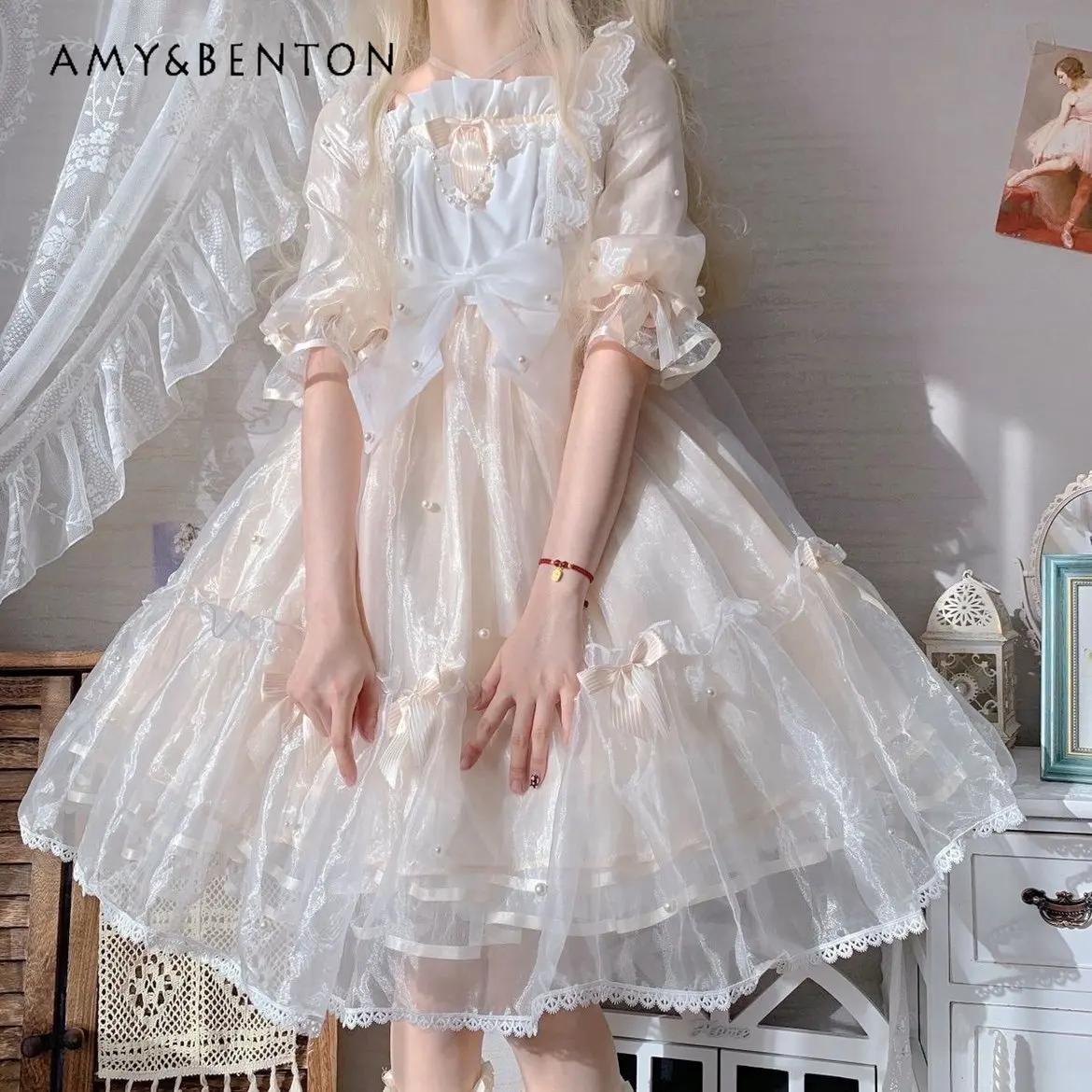 

Lolita Dress Princess Half Sleeve Organza Pearl Op Fairy Dress Spring Summer Original Women's Sweet Min-length A-line Dress