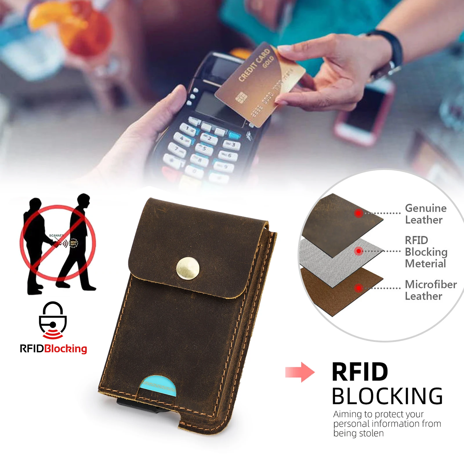 Leather Wallet Hiram Vintage Genuine Leather RFID Blocking Card Holder Wallet for Men Luxury Card Wallet Case Aluminum Metal Slim Cardholder