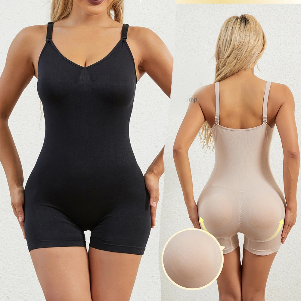 Hip Shapewear Bodysuit Women Tummy Control V-neck Open Crotch Hip Pads Body Shaper Jumsuit