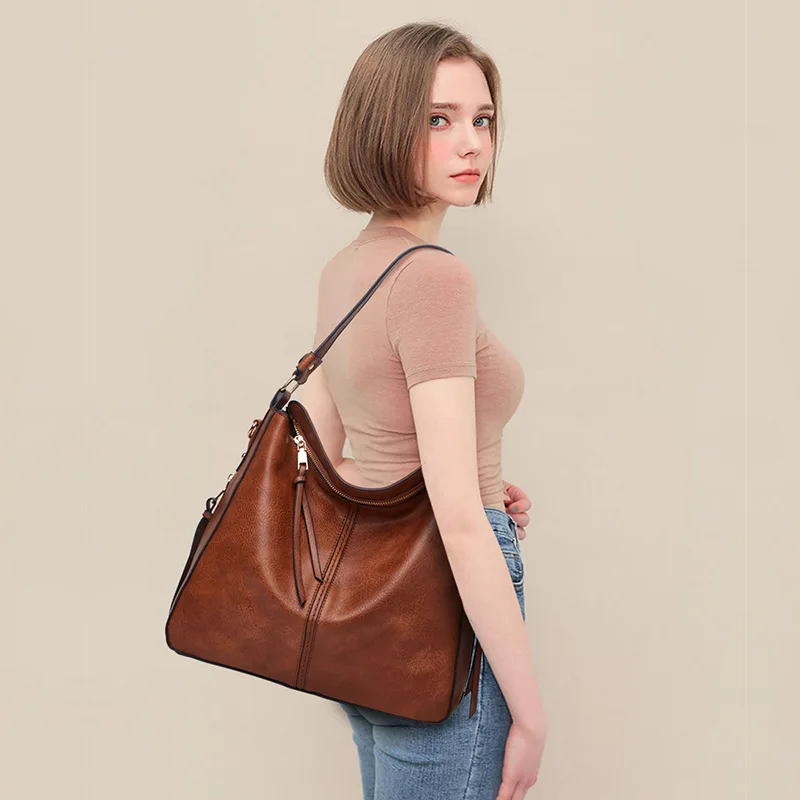 Women's Large Capacity Casual Tote Bag with Purse Vintage Designer Commuter Shoulder Bag Korean 2024 Fashion PU Leather Handbag