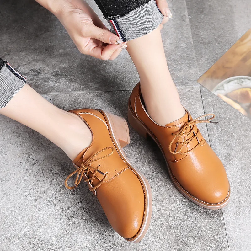 

Women Flat Shoes Round Toe Lace-Up Oxford Shoes Woman Soft Genuine Leather Brogue Women Shoes