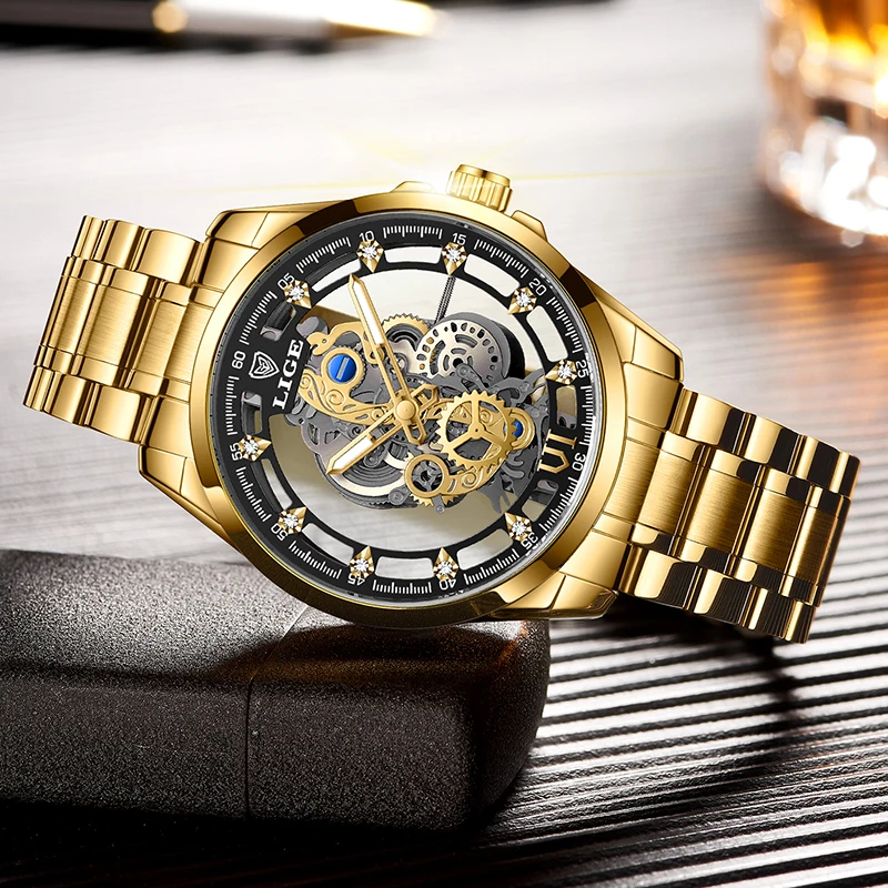LIGE Fashion Quartz Watches For Men Gold Skeleton Retro Men