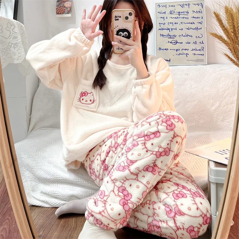 

Sanrio Hello Kitty Soft Pajamas Suit Kawaii Kuromi Melody Plush Pullover Long Pant Two Piece Set For Women Cute Cardigan Clothes