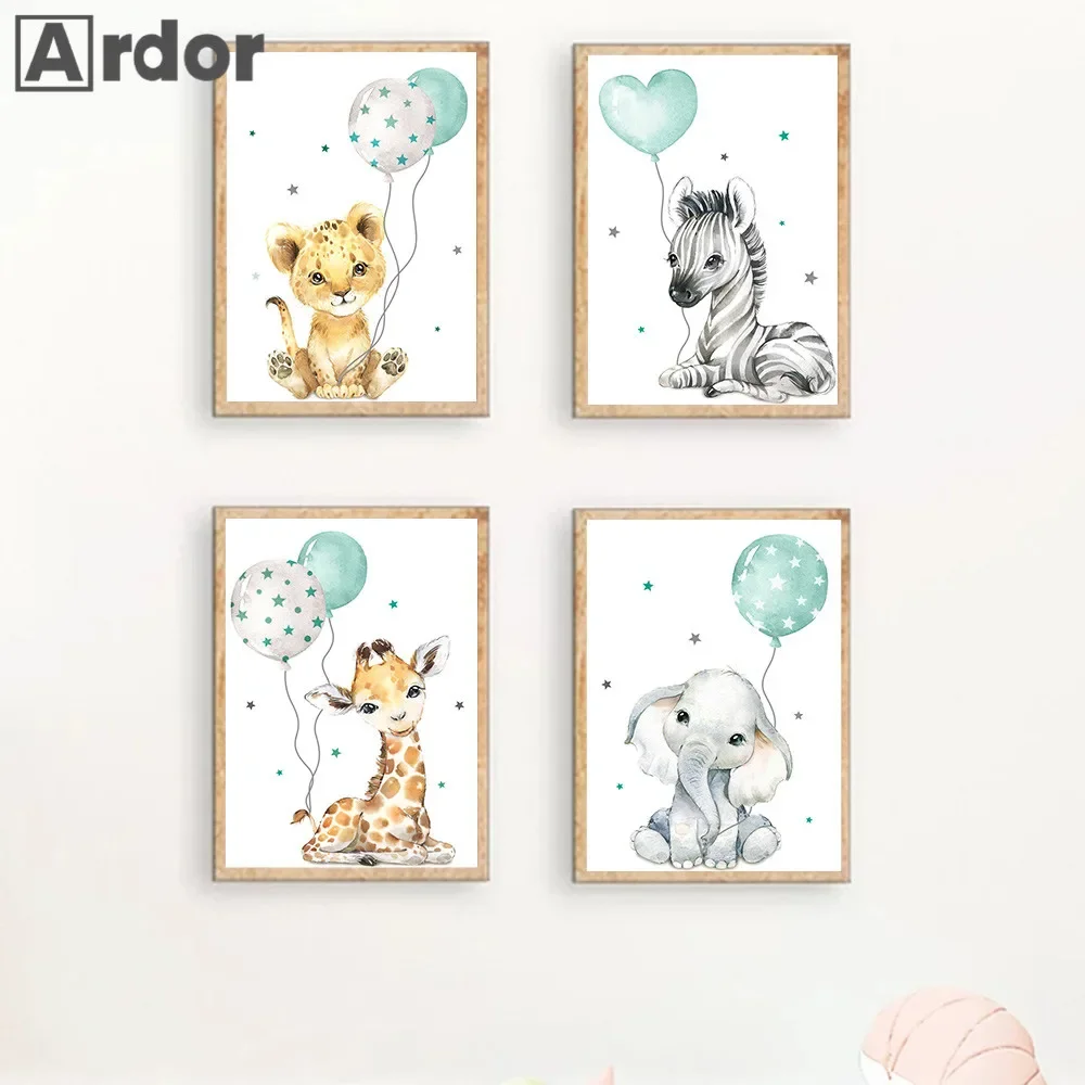 

Animals Nursery Art Prints Lion Giraffe Elephant Zebra Canvas Painting Balloon Poster Nordic Wall Pictures Kids Room Decoration