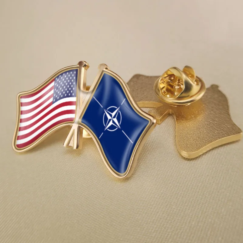 

United States and NATO North Atlantic Treaty Organization Crossed Double Friendship Flags Lapel Pins Brooch Badges