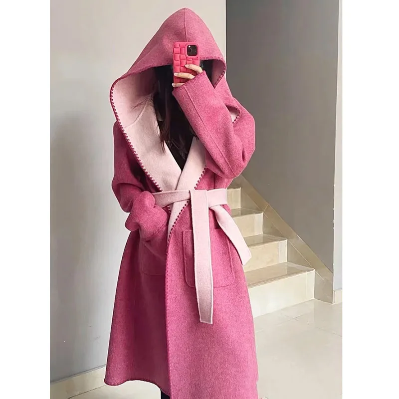 

Trendy Classic Gradient Hooded Wool Coat Women Runway Elegant Loose Long Sleeve Casual Belt Warm Overcoat 23 Autumn Winter New