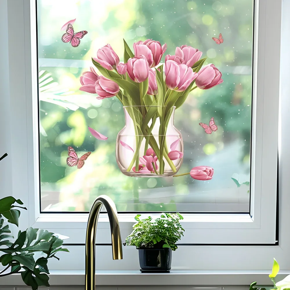 1PCS Vase Tulip Butterfly Glass Window Home Decoration Electrostatic Uv Window Sticker Room Decor