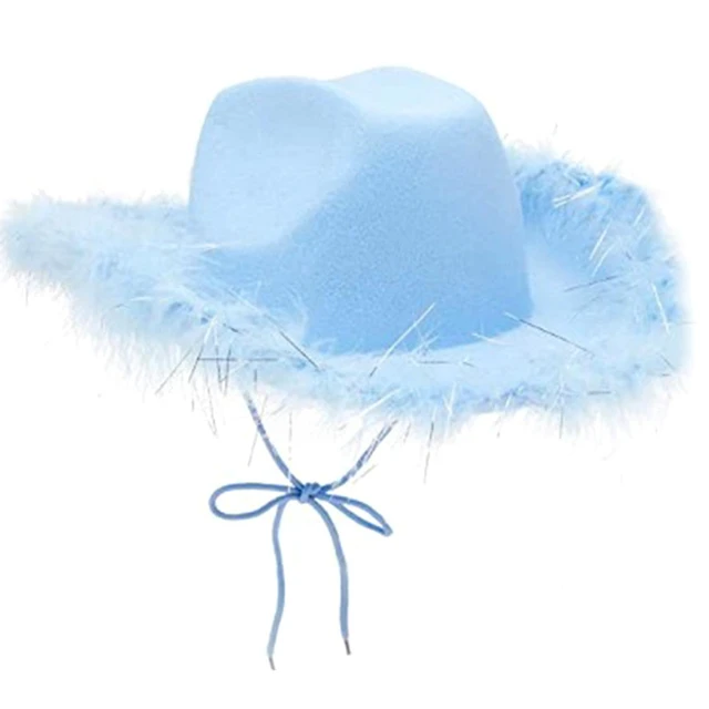 Gorras de vaquero del oeste para mujer y niña, sombrero azul con borde de  plumas y