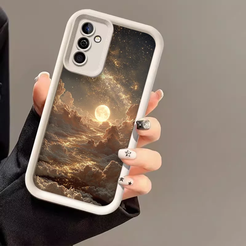 Golden Clouds and Starry Sky Artistic Phone Case - Whimsical Moonlight Landscape Design